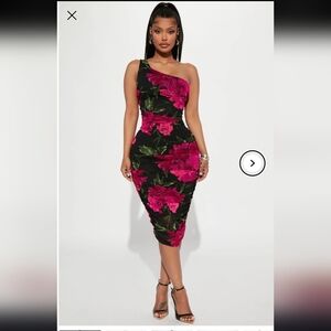 Black Floral Ruched Bodycon Dress with Pink Blooms